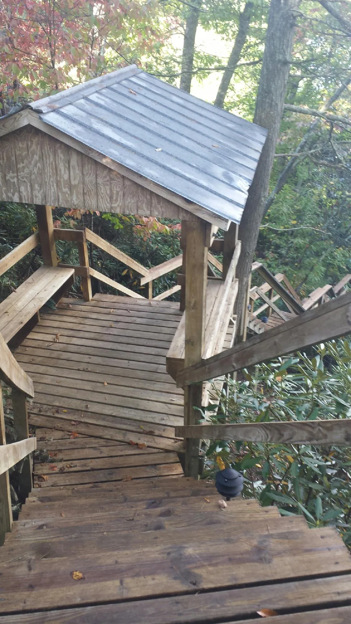 Metal roofed shelter over wooden steps on a wooded walkway — Skylight Repair & Installation work by our crew in Woodridge