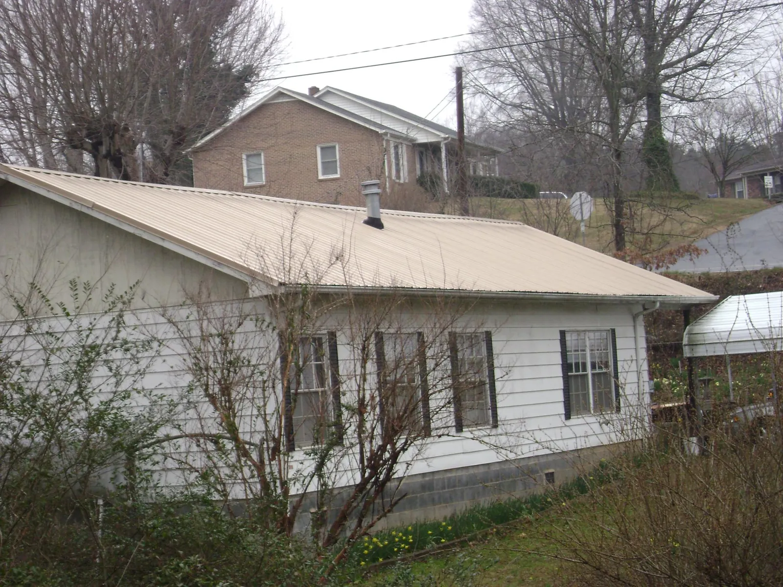 Tan metal roof on a white sided house set into a hillside in Woodridge